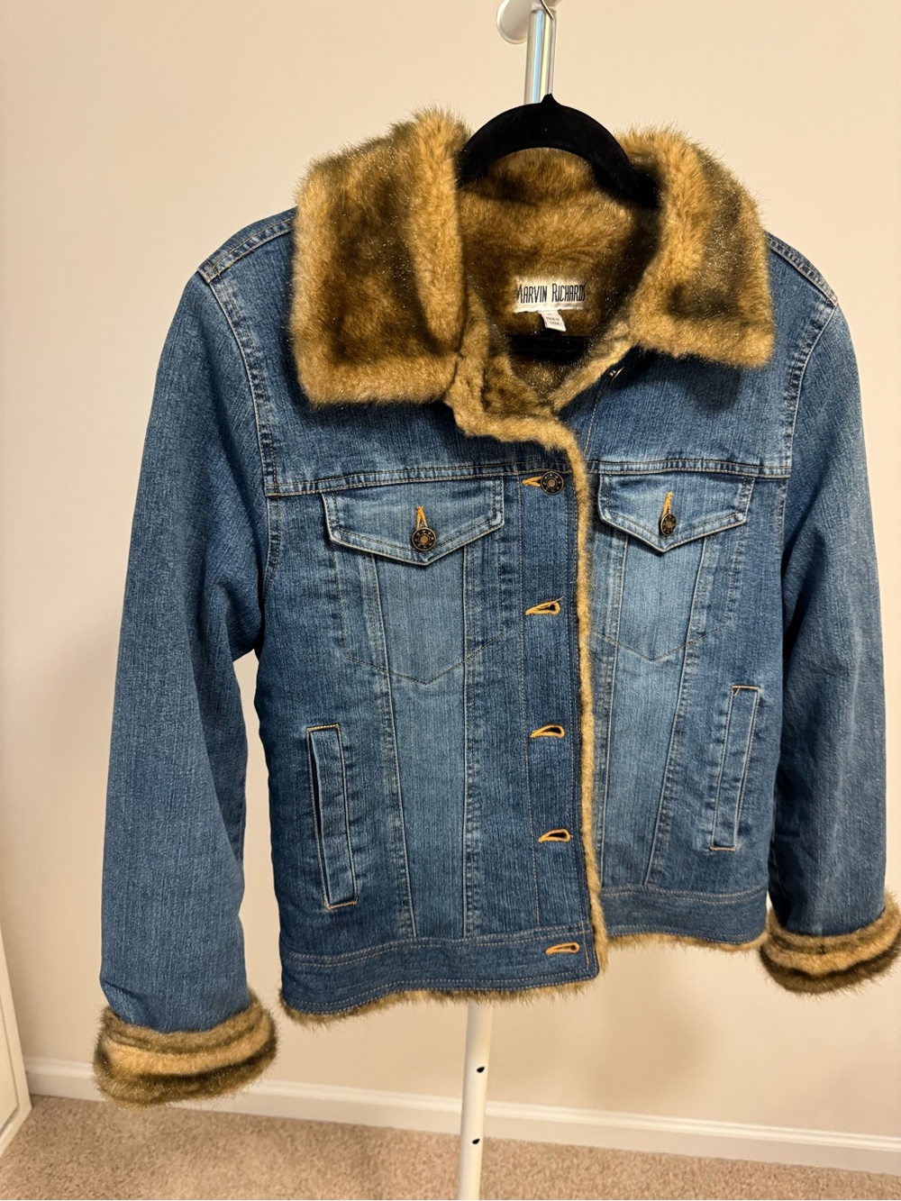 Marvin Richards Blue Denim Jacket with Brown Faux Fur Trim